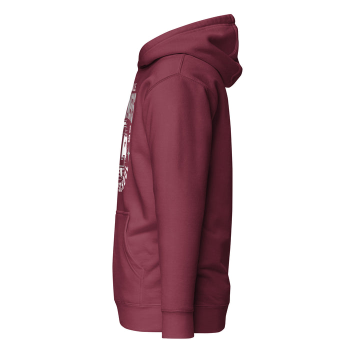 Side view of Lewisville High School Farmers Maroon Premium Unisex Hoodie 204