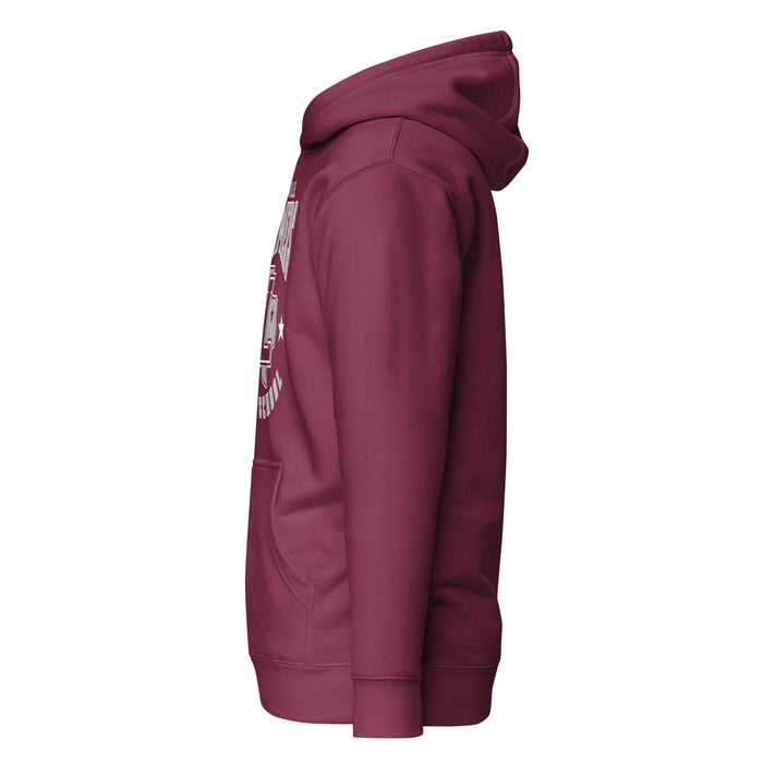 Side view of Lewisville High School Farmers Maroon Premium Unisex Hoodie 213