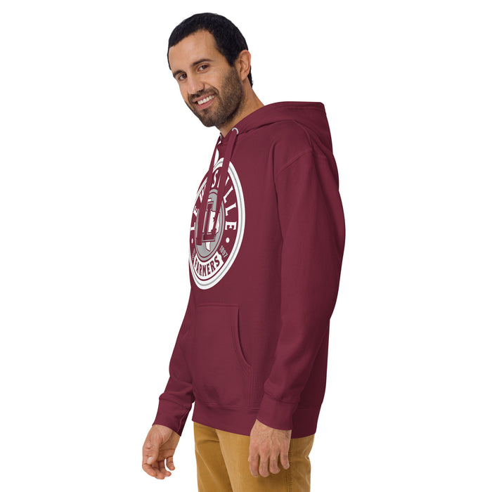 Man wearing Lewisville High School Farmers Maroon Premium Unisex Hoodie 220