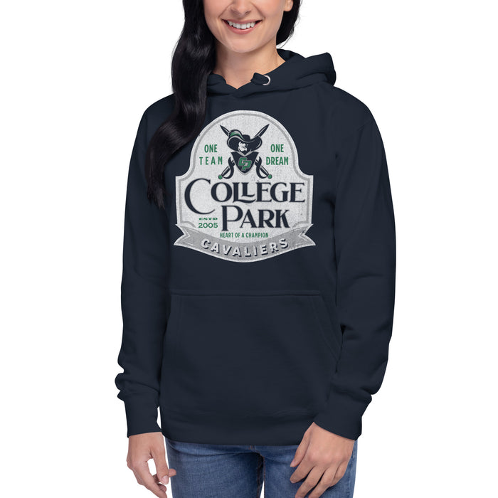 Woman wearing a College Park High School Cavaliers Premium Navy Hoodie 208