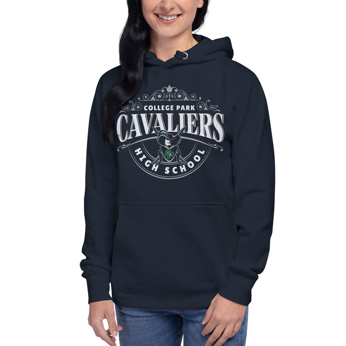 Woman wearing a College Park High School Cavaliers Premium Navy Hoodie 214