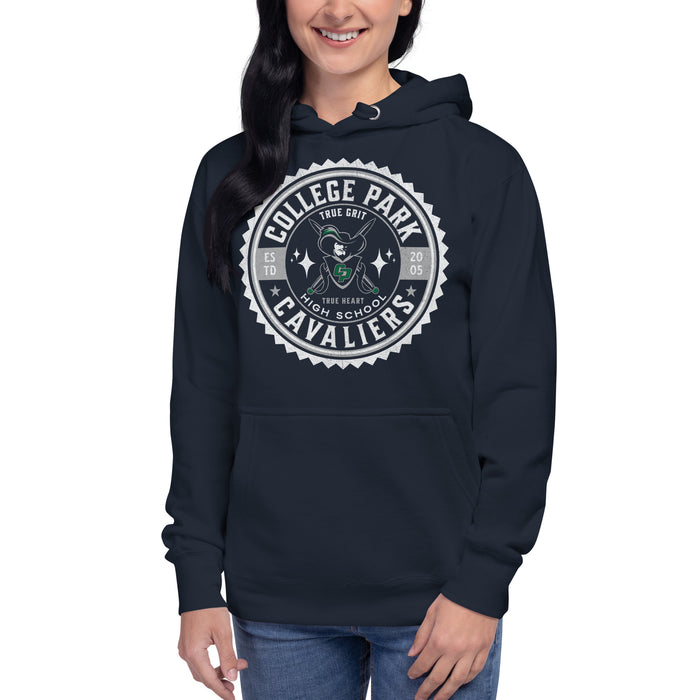 Woman wearing a College Park High School Cavaliers Premium Navy Hoodie 215