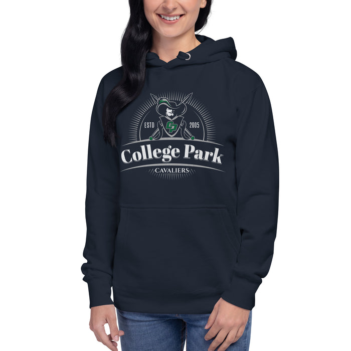 Woman wearing a College Park High School Cavaliers Premium Navy Hoodie 219