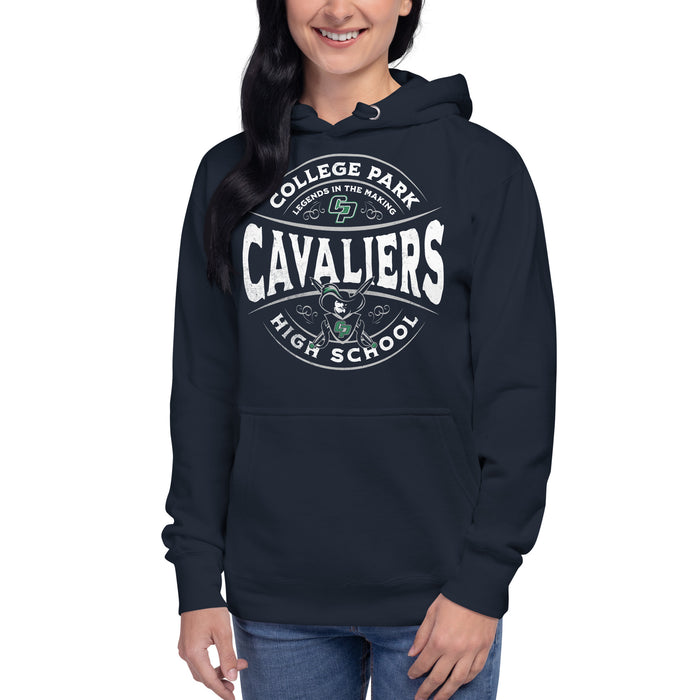 Woman wearing a College Park High School Cavaliers Premium Navy Hoodie 220