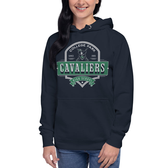 Woman wearing a College Park High School Cavaliers Premium Navy Hoodie 223