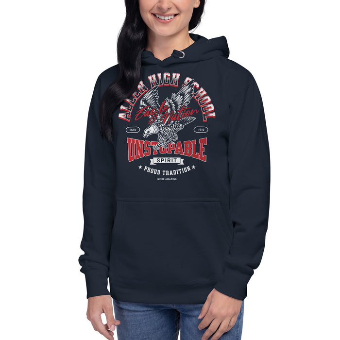 Woman wearing a Allen High School Eagles Premium Navy Blue Hoodie 204