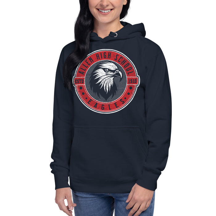 Woman wearing a Allen High School Eagles Premium Navy Blue Hoodie 207