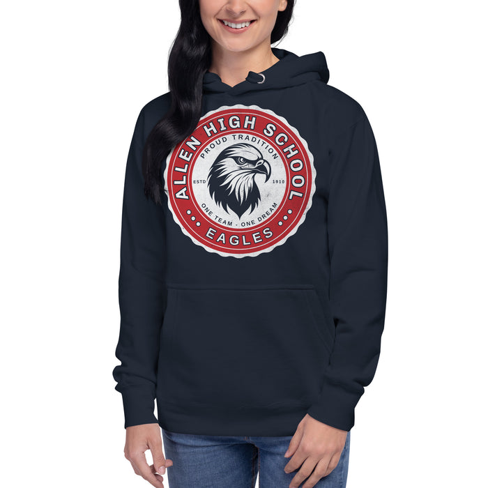 Woman wearing a Allen High School Eagles Premium Navy Blue Hoodie 209