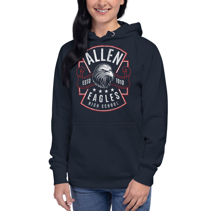 Woman wearing a Allen High School Eagles Premium Navy Blue Hoodie 211