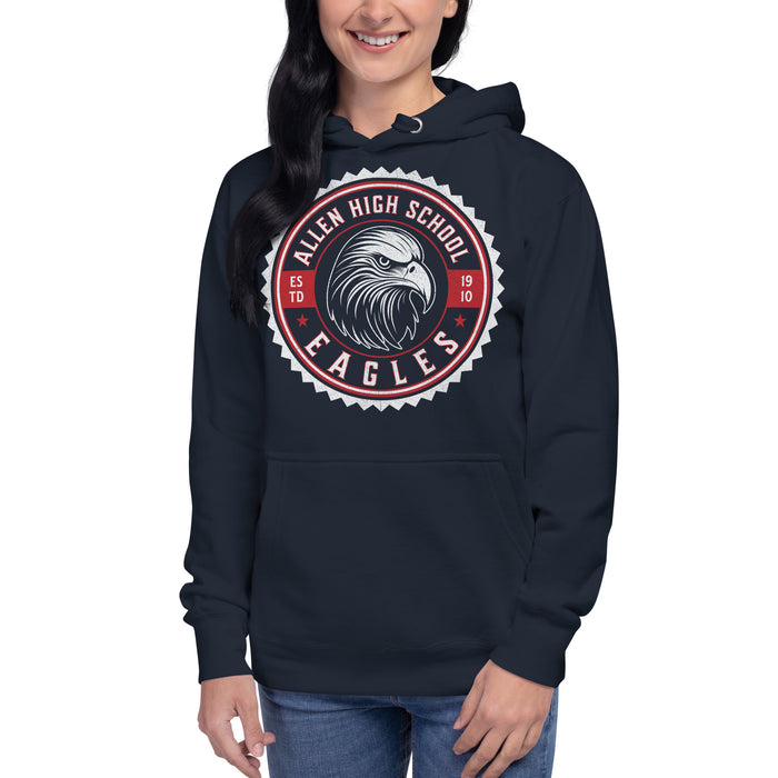 Woman wearing a Allen High School Eagles Premium Navy Blue Hoodie 212