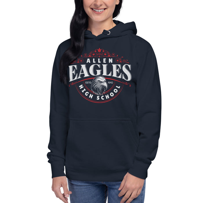 Woman wearing a Allen High School Eagles Premium Navy Blue Hoodie 214