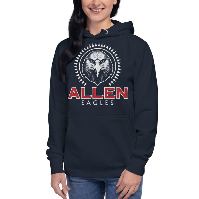 Woman wearing a Allen High School Eagles Premium Navy Blue Hoodie 217