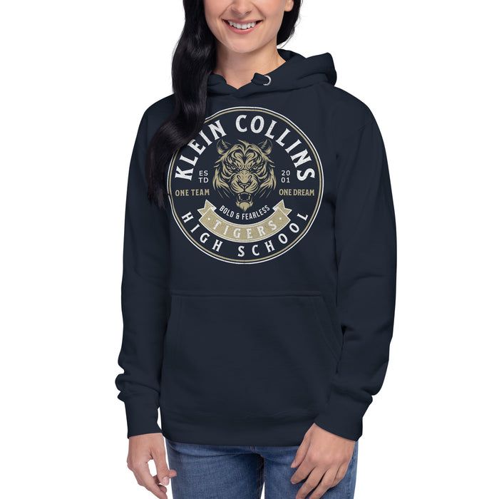 Woman wearing a Klein Collins High School Tigers Premium Navy Unisex Hoodie 203