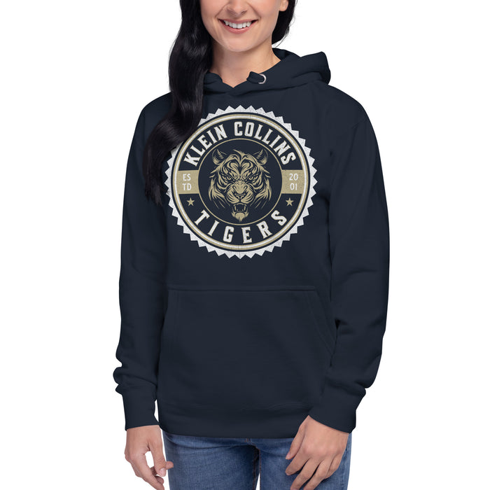 Woman wearing a Klein Collins High School Tigers Premium Navy Unisex Hoodie 207