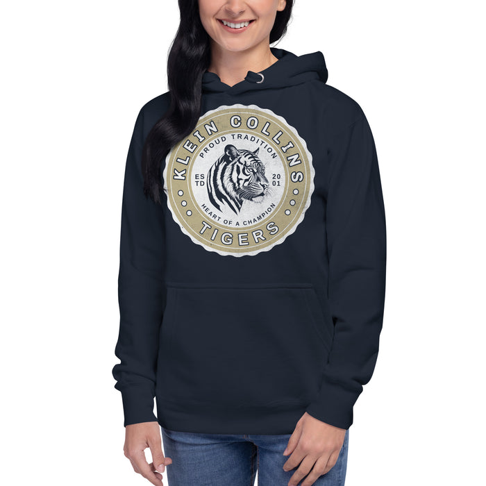 Woman wearing a Klein Collins High School Tigers Premium Navy Unisex Hoodie 209