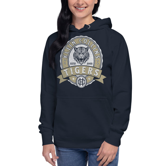 Woman wearing a Klein Collins High School Tigers Premium Navy Unisex Hoodie 215