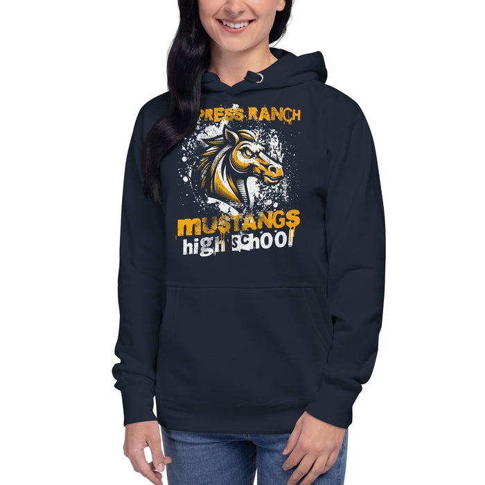 Woman wearing Cypress Ranch High School Mustangs Navy Premium Unisex Hoodie 206