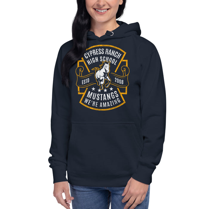 Woman wearing Cypress Ranch High School Mustangs Navy Premium Unisex Hoodie 208