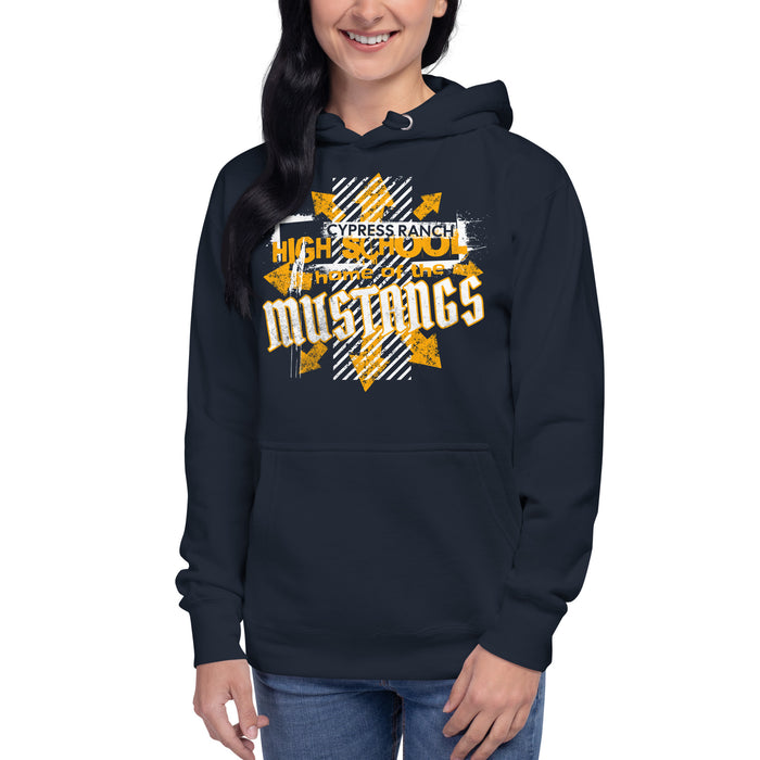 Woman wearing Cypress Ranch High School Mustangs Navy Premium Unisex Hoodie 211