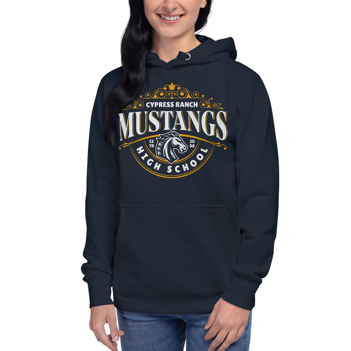 Woman wearing Cypress Ranch High School Mustangs Navy Premium Unisex Hoodie 212