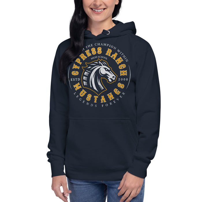 Woman wearing Cypress Ranch High School Mustangs Navy Premium Unisex Hoodie 215