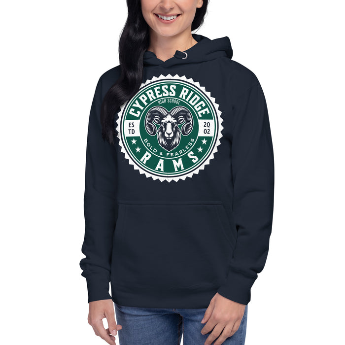 Woman wearing Cypress Ridge High School Rams Navy Premium Unisex Hoodie 203