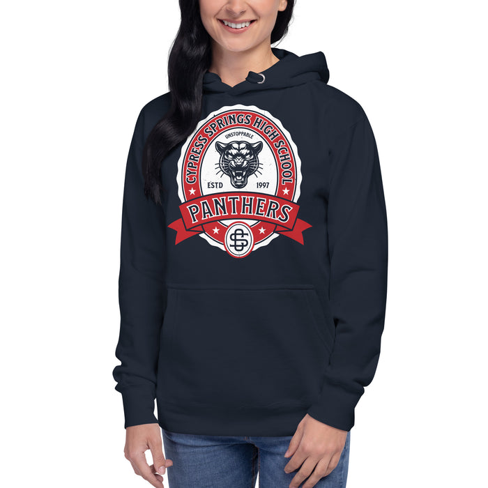 Woman wearing Cypress Springs High School Panthers Navy Premium Unisex T-shirt 212