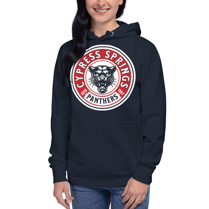 Student wearing Cypress Springs High School Panthers Navy Premium Unisex T-shirt 220