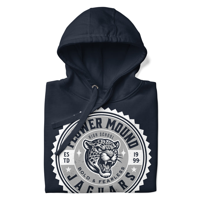 A close-up picture of a navy blue hoodie with the Flower Mound High School Jaguars logo folded neatly. This hoodie features design #203