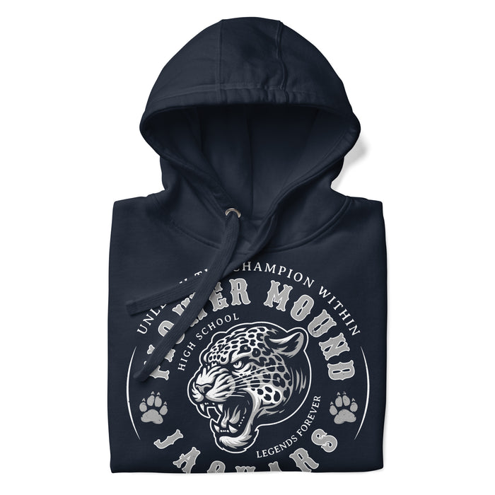 A close-up picture of a navy blue hoodie with the Flower Mound High School Jaguars logo folded neatly. This hoodie features design #214