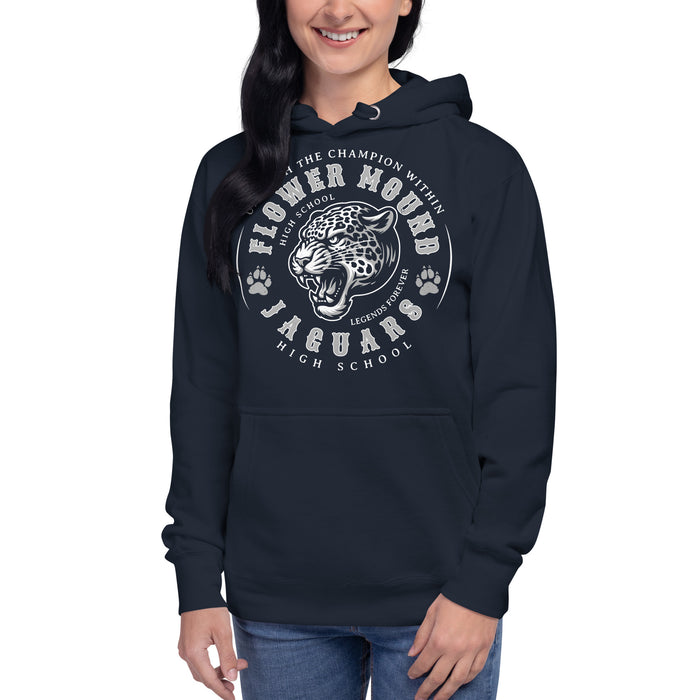 Woman wearing Flower Mound High School Jaguars Navy Blue Premium Hoodie 214