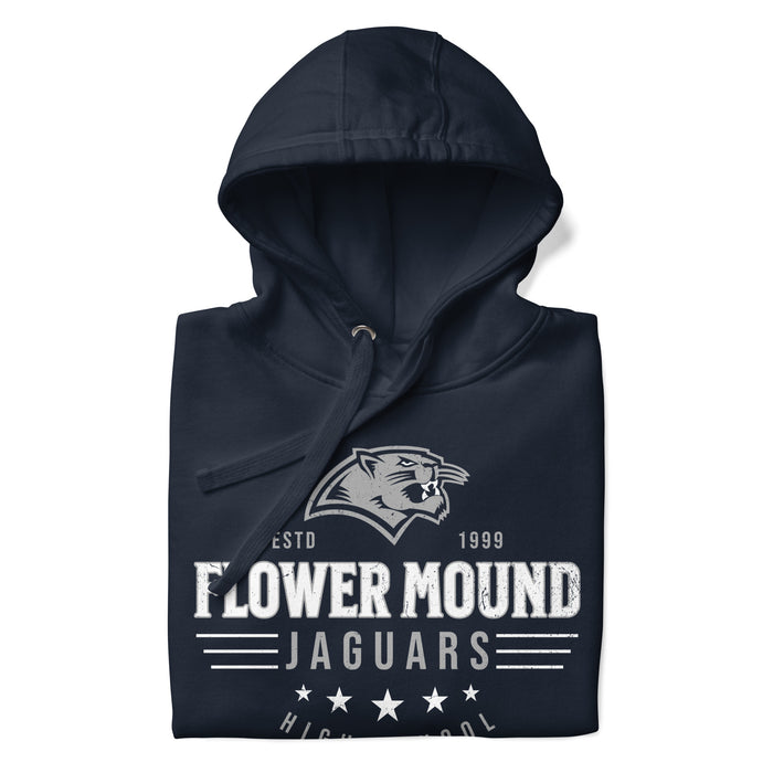 A close-up picture of a navy blue hoodie with the Flower Mound High School Jaguars logo folded neatly. This hoodie features design #217