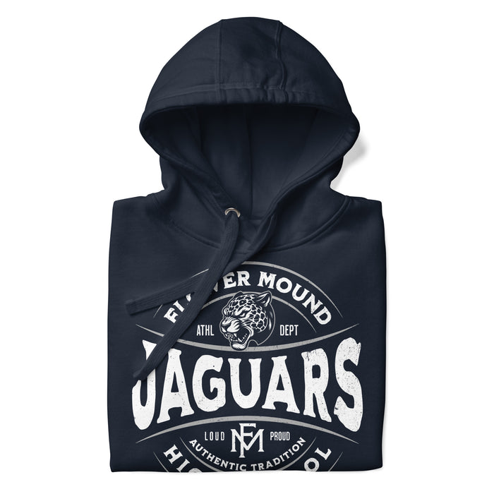 A close-up picture of a navy blue hoodie with the Flower Mound High School Jaguars logo folded neatly. This hoodie features design #218