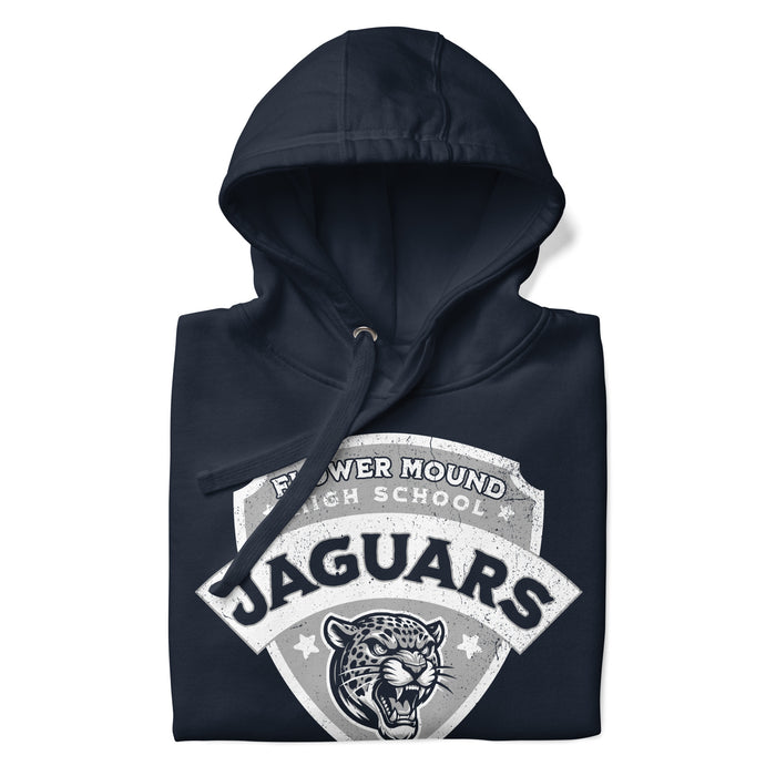 A close-up picture of a navy blue hoodie with the Flower Mound High School Jaguars logo folded neatly. This hoodie features design #221