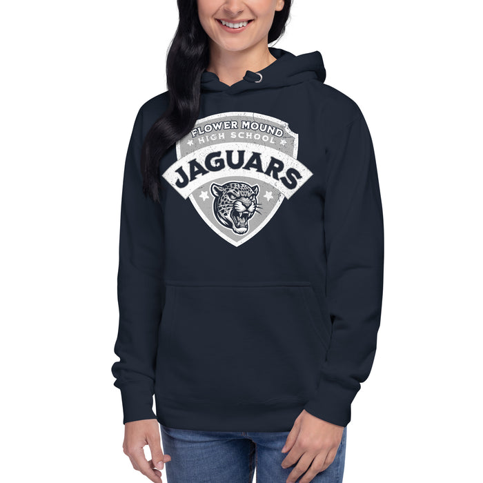 Woman wearing Flower Mound High School Jaguars Navy Blue Premium Hoodie 221