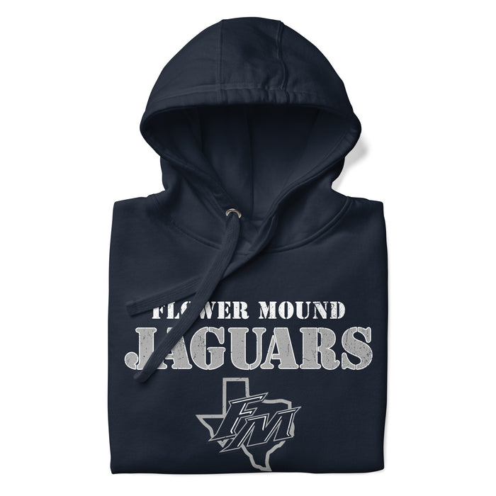 A close-up picture of a navy blue hoodie with the Flower Mound High School Jaguars logo folded neatly. This hoodie features design #222.