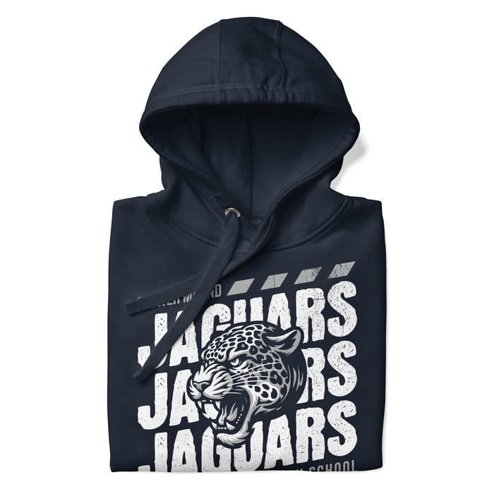 A close-up picture of a navy blue hoodie with the Flower Mound High School Jaguars logo folded neatly.