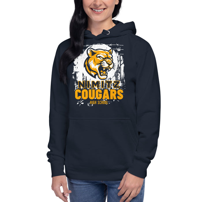 Woman wearing Nimitz High School Cougars Navy Blue Premium Unisex Hoodie 202