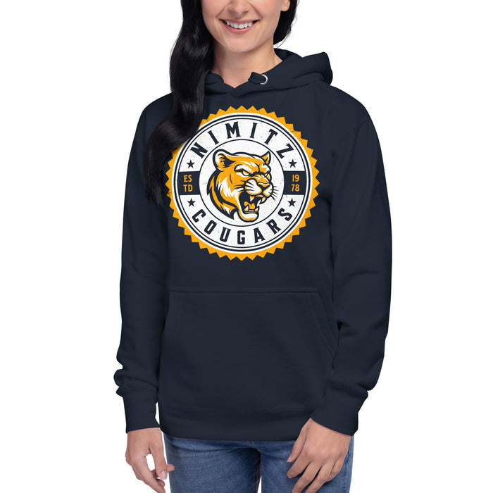 Woman wearing Nimitz High School Cougars Navy Blue Premium Unisex Hoodie 203