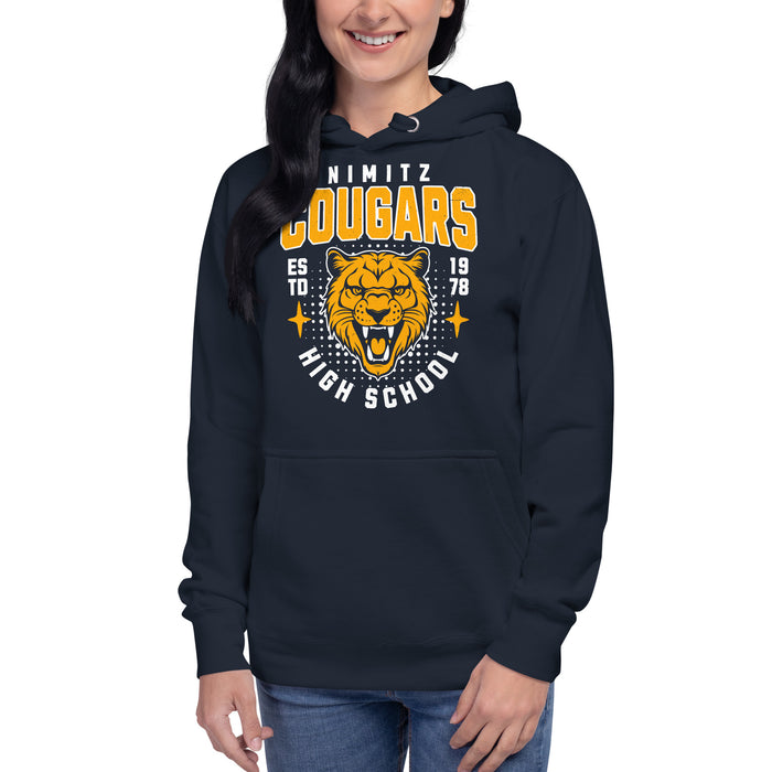 Woman wearing Nimitz High School Cougars Navy Blue Premium Unisex Hoodie 204