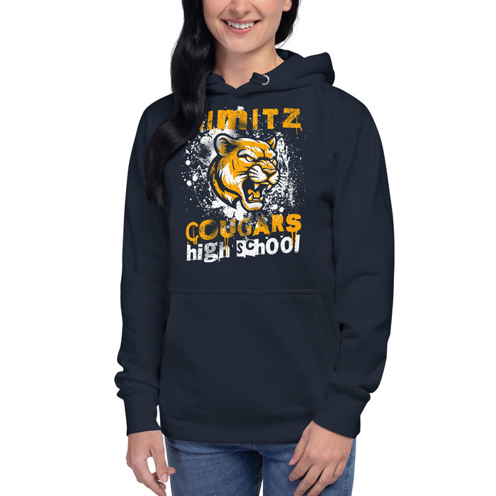 Woman wearing Nimitz High School Cougars Navy Blue Premium Unisex Hoodie 205