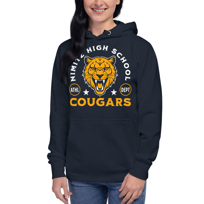 Woman wearing Nimitz High School Cougars Navy Blue Premium Unisex Hoodie 208