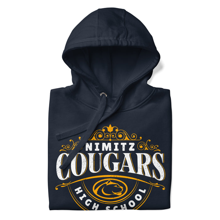 Close-up view of Nimitz High School Cougars Navy Blue Premium Unisex Hoodie 211