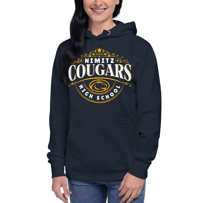 Woman wearing Nimitz High School Cougars Navy Blue Premium Unisex Hoodie 211