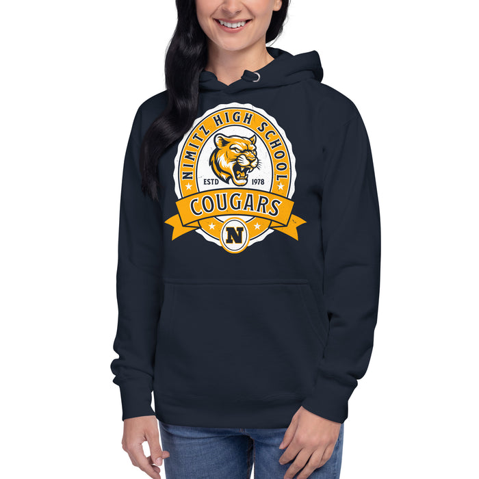 Woman wearing Nimitz High School Cougars Navy Blue Premium Unisex Hoodie 212