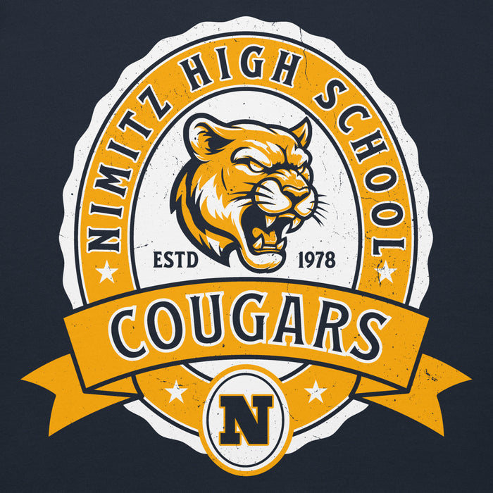 Close-up view of Nimitz High School Cougars Navy Blue Premium Unisex Hoodie 212