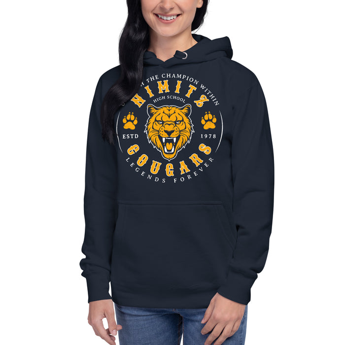 Woman wearing Nimitz High School Cougars Navy Blue Premium Unisex Hoodie 214