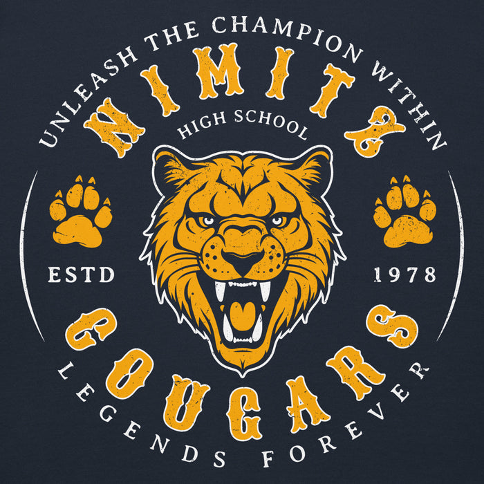 Close-up view of Nimitz High School Cougars Navy Blue Premium Unisex Hoodie 214