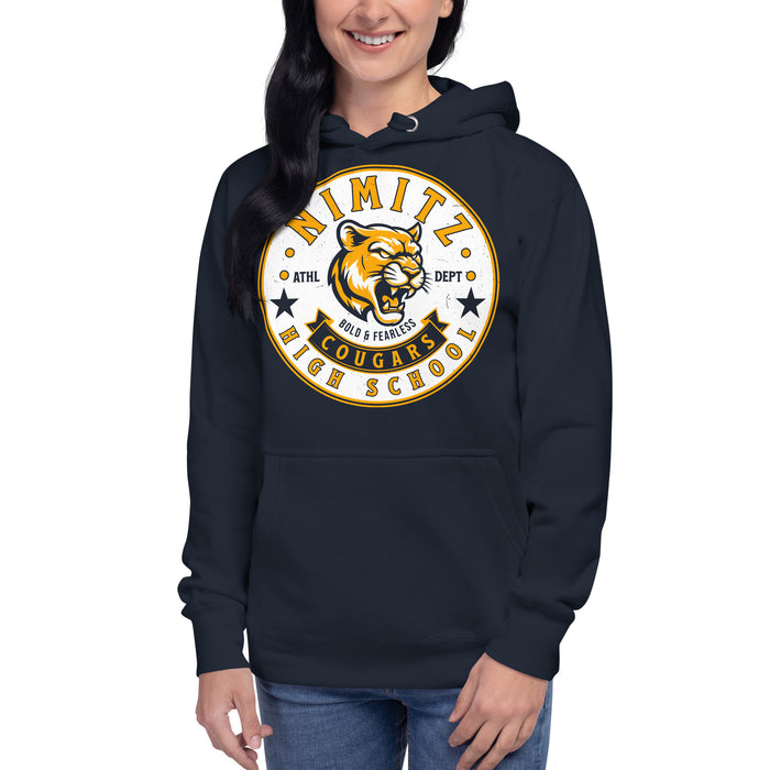 Woman wearing Nimitz High School Cougars Navy Blue Premium Unisex Hoodie 215