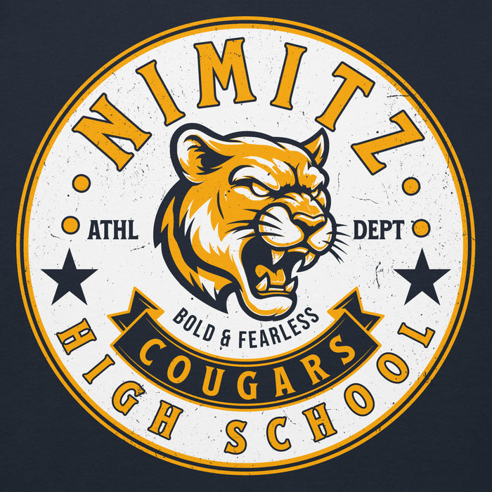 Close-up view of Nimitz High School Cougars Navy Blue Premium Unisex Hoodie 215